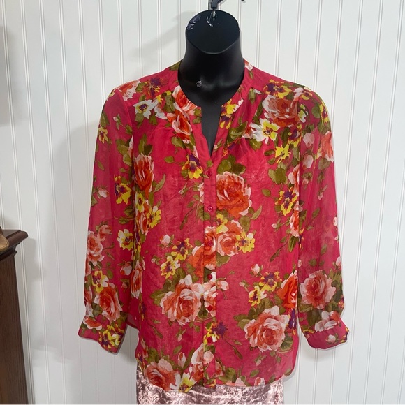 Pleione Pink and Red Blouse with Cuffed Sleeves and Mandarin Collar - Picture 1 of 6